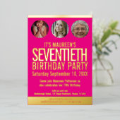 70誕生日グラフィックピンクの金ゴールドフォイルの写真サークル 箔招待状 (立ち正面)