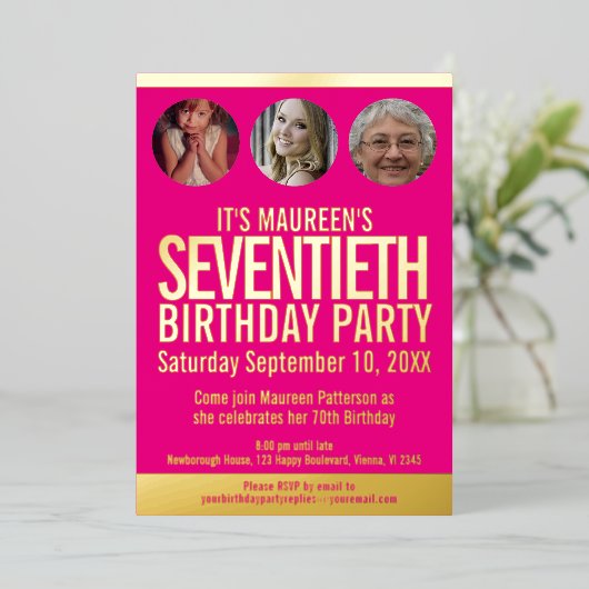 70誕生日グラフィックピンクの金ゴールドフォイルの写真サークル 箔招待状 (立ち正面)