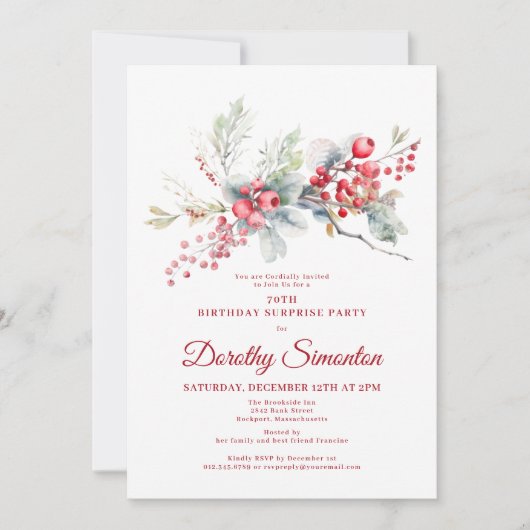 70誕生日サプライズパーティーグリーンリーレッドベリー 招待状 (正面)