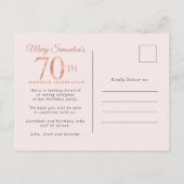 70誕生日サプライズパーティーピンクローズフローラ インビテーションポストカード (裏面)