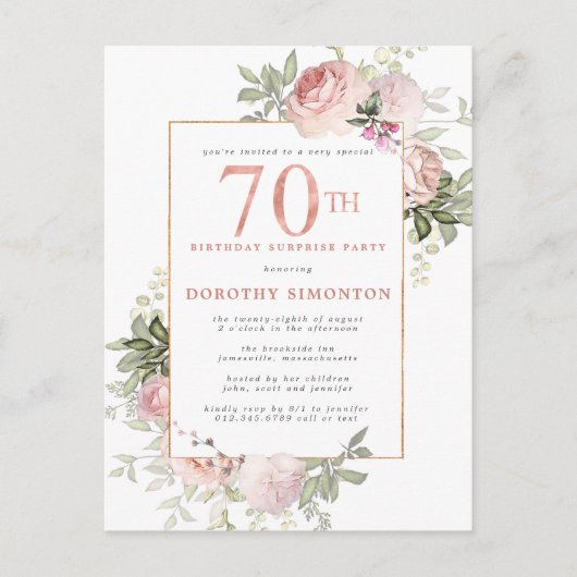 70誕生日サプライズパーティーピンクローズフローラ インビテーションポストカード (正面)