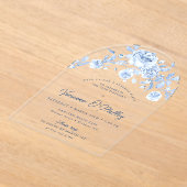 70誕生日サプライズパーティーブルーフローラアーチ アクリル招待状 (レイダウン)