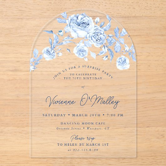 70誕生日サプライズパーティーブルーフローラアーチ アクリル招待状 (正面)