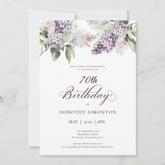 70誕生日サプライズパーティー紫薄紫花 招待状 (正面)
