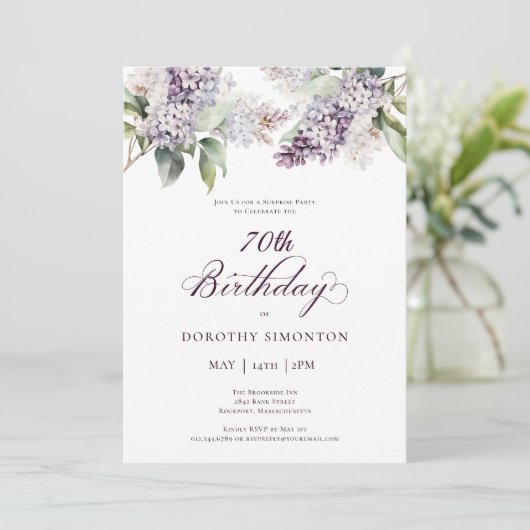 70誕生日サプライズパーティー紫薄紫花 招待状 (スタンド正面)