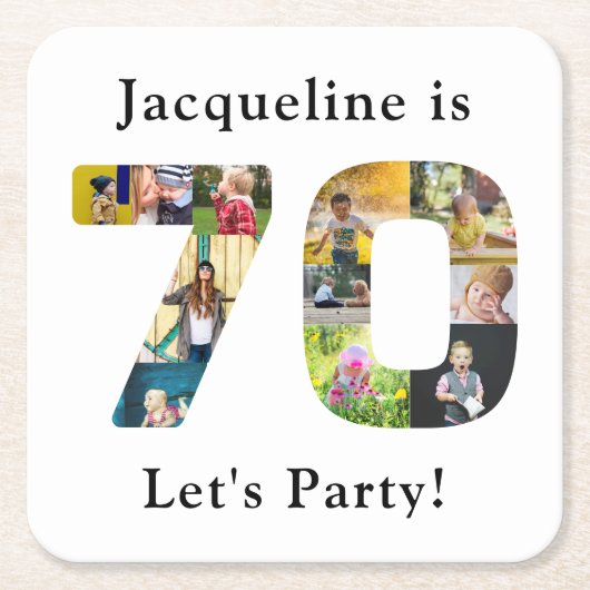 70誕生日デザインお客様の写真コラージュ スクエアペーパーコースター (正面)