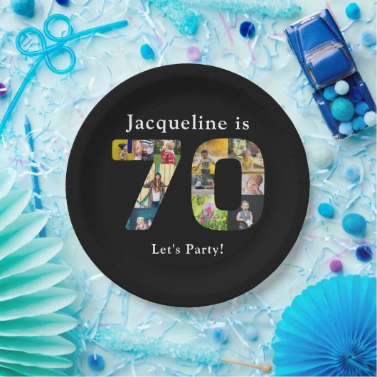 70誕生日デザインお客様自身のフォトコラージーブラック ペーパープレート (パーティー)