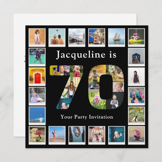 70誕生日デザインお客様自身のフォトコラージーブラック 招待状 (正面/裏面)