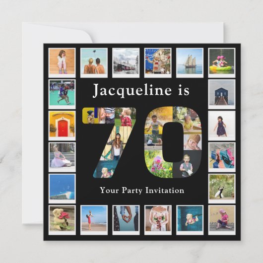 70誕生日デザインお客様自身のフォトコラージーブラック 招待状 (正面)