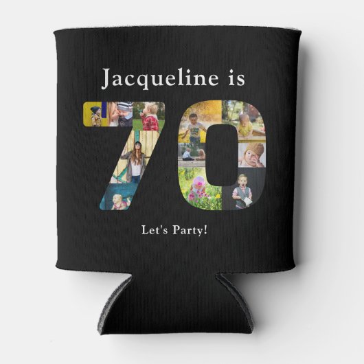 70誕生日デザインお客様自身のフォトコラージーブラック 缶クーラー (正面)