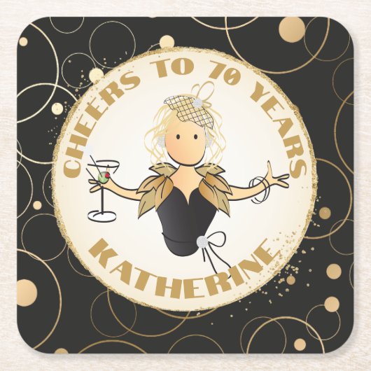 70誕生日トースト彼女の金ゴールドブラック素晴らしい スクエアペーパーコースター (正面)