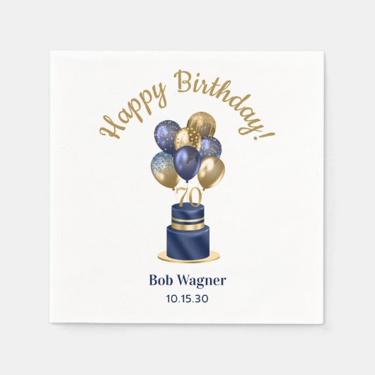 70誕生日ネイビーブルーバルーンケーキ スタンダードカクテルナプキン (正面)