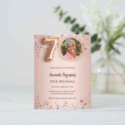 70誕生日バラ金ゴールドフォトスター インビテーションポストカード (スタンド正面)