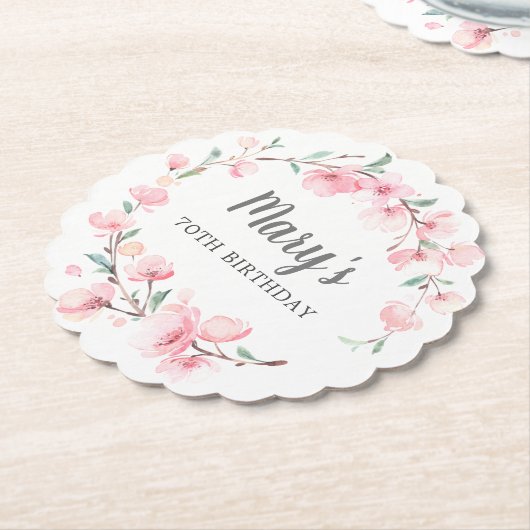 70誕生日ピンクさくらんぼブロッサムフローラ ペーパーコースター (アングル)