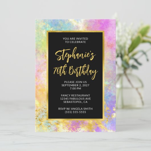 70誕生日ピンクと金ゴールドグラムファイアオパール 招待状 (スタンド正面)