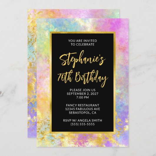 70誕生日ピンクと金ゴールドグラムファイアオパール 招待状 (正面/裏面)