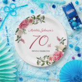 70誕生日ピンクホワイトエレガントフローラ植物学 ペーパープレート (パーティー)