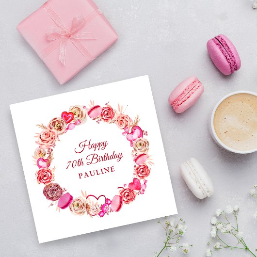70誕生日ピンクローズ渦巻形のハートバレンタイン スタンダードカクテルナプキン
