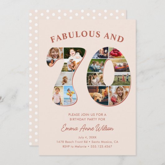 70誕生日フォトコラージュエレガントとタイムレス 招待状 (正面/裏面)