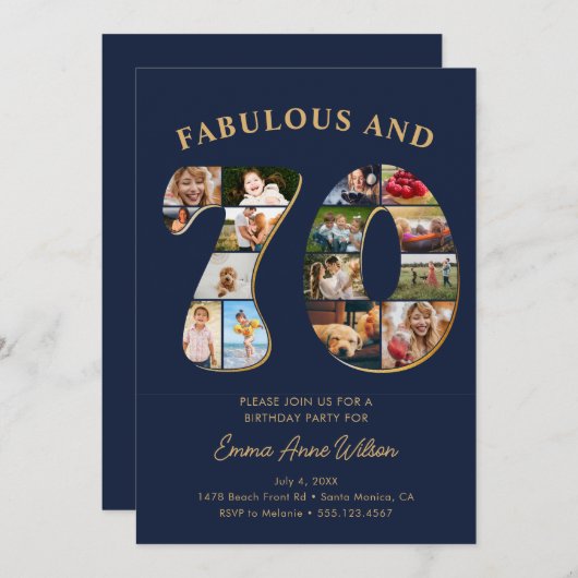 70誕生日フォトコラージュエレガントとタイムレス 招待状 (正面/裏面)