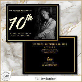 70誕生日フォトブラックフェイク金ゴールドリーフエレガント 箔招待状