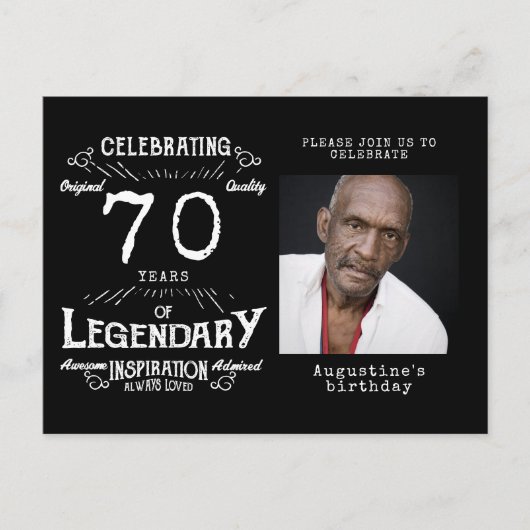 70誕生日フォトブラックヴィンテージ誕生日招待状 ポストカード (正面)