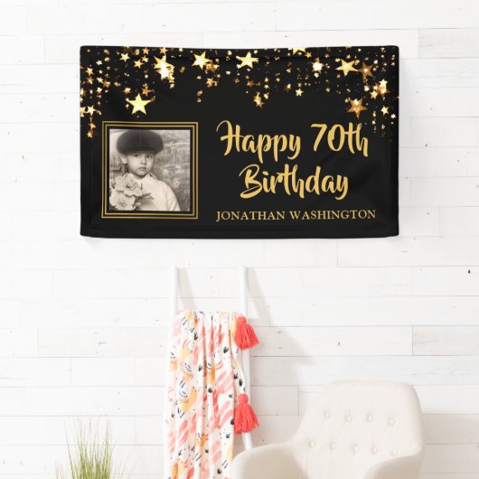 70誕生日フォトブラック金ゴールド星パーソナライズされた 横断幕 (インサイチュ)
