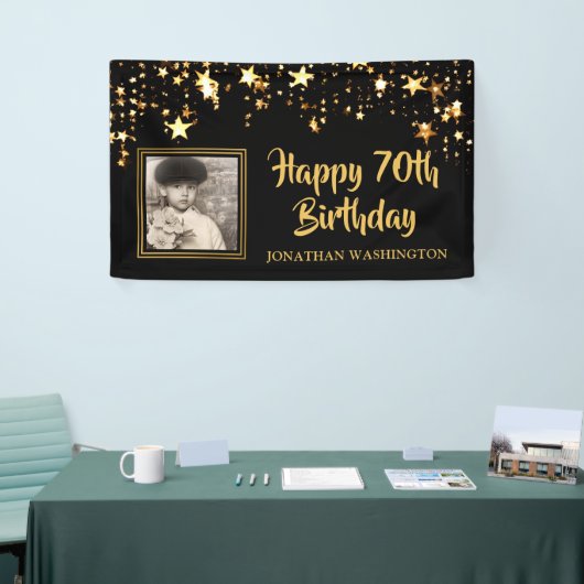 70誕生日フォトブラック金ゴールド星パーソナライズされた 横断幕 (トレードショー)