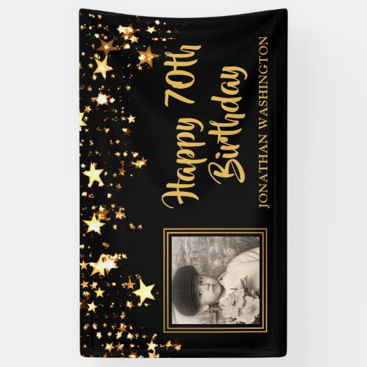 70誕生日フォトブラック金ゴールド星パーソナライズされた 横断幕 (縦)