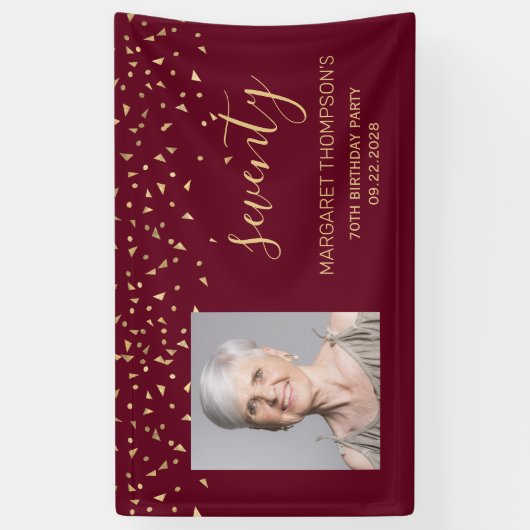 70誕生日フォト金ゴールド三角形バーガンディ 横断幕 (縦)