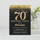 70誕生日ブラックアンド金ゴールドグリッター紙吹雪 招待状 (スタンド正面)