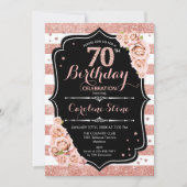 70誕生日ブラックバラ金ゴールドと白ストライプ色 招待状 (正面)