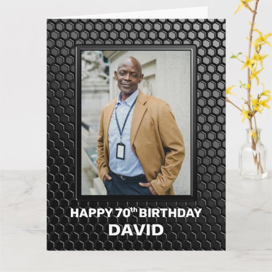 70誕生日ブラック幾何学模様カスタム写真 カード (黄色い花)