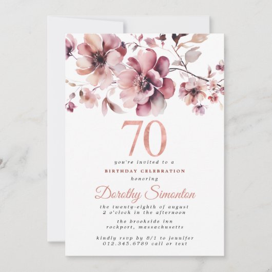 70誕生日ブルゴーニュ埃っぽい赤面ピンクフローラ 招待状 (正面)