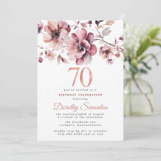 70誕生日ブルゴーニュ埃っぽい赤面ピンクフローラ 招待状 (スタンド正面)
