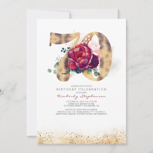 70誕生日ブルゴーニュ赤と金ゴールドグリッター 招待状 (正面)