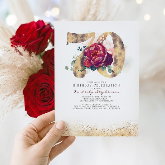 70誕生日ブルゴーニュ赤と金ゴールドグリッター 招待状