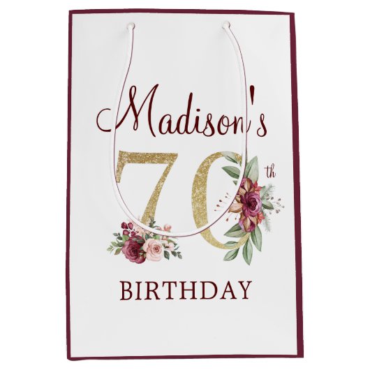 70誕生日ブルゴーニュ金ゴールドフローラ パーソナライズされた ミディアムペーパーバッグ (正面)