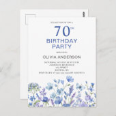 70誕生日ブルーフローラ招待状 ポストカード (正面/裏面)