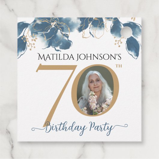70誕生日ブルー金ゴールドモダンフローラカスタム写真 フェイバータグ (裏面)