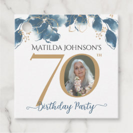 70誕生日ブルー金ゴールドモダンフローラカスタム写真 フェイバータグ