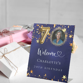70誕生日ブルー金ゴールド星写真ようこそ 台座サイン