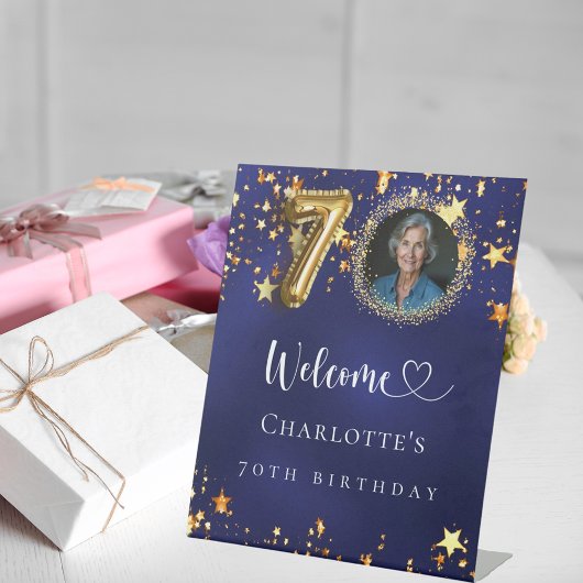 70誕生日ブルー金ゴールド星写真ようこそ 台座サイン