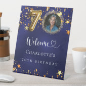 70誕生日ブルー金ゴールド星写真ようこそ 台座サイン (インサイチュ)