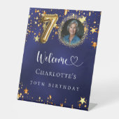 70誕生日ブルー金ゴールド星写真ようこそ 台座サイン (正面)