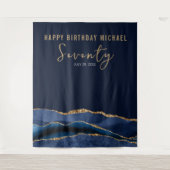 70誕生日ブルー金ゴールド瑪瑙フォトバックグラウンド タペストリー (正面)