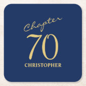 70誕生日ブルー金ゴールド スクエアペーパーコースター (正面)