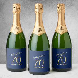 70誕生日ブルー金ゴールド スパークリングワインラベル
