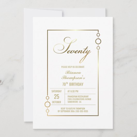 70誕生日ホワイトと金ゴールド・フレームパーティー 招待状 (正面)