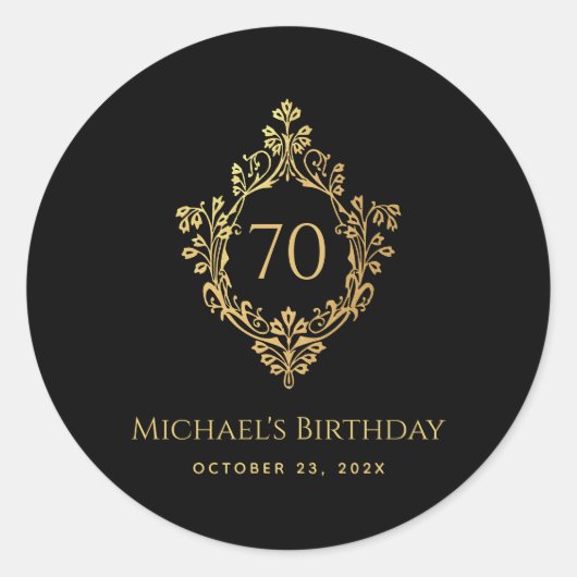 70誕生日マンブラック金ゴールドエレガントヴィンテージの紋章 ラウンドシール (正面)